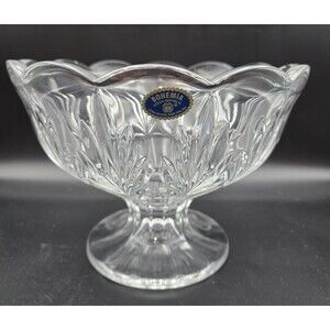 Vintage Bohemian Czech Crystal Round Pedestal Scalloped Centerpiece Bowl 9.5"